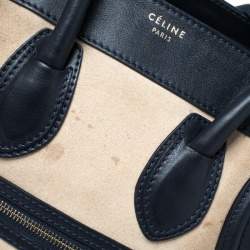 Pre Owned Celine Beige/Navy Blue Suede and Leather Micro Luggage Tote