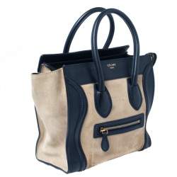 Pre Owned Celine Beige/Navy Blue Suede and Leather Micro Luggage Tote