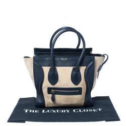 Pre Owned Celine Beige/Navy Blue Suede and Leather Micro Luggage Tote