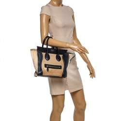 Pre Owned Celine Beige/Navy Blue Suede and Leather Micro Luggage Tote