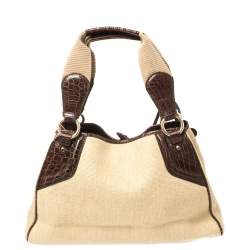 Pre Owned Celine Brown/Beige Canvas and Croc Embossed Leather Boogie Tassel Tote