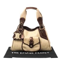 Pre Owned Celine Brown/Beige Canvas and Croc Embossed Leather Boogie Tassel Tote
