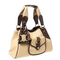 Pre Owned Celine Brown/Beige Canvas and Croc Embossed Leather Boogie Tassel Tote