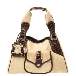 Pre Owned Celine Brown/Beige Canvas and Croc Embossed Leather Boogie Tassel Tote