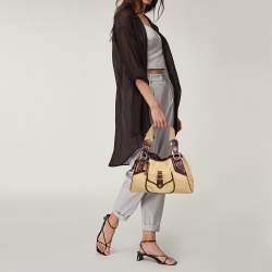 Pre Owned Celine Brown/Beige Canvas and Croc Embossed Leather Boogie Tassel Tote