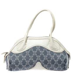 Pre Owned Celine White/Blue Macadam Canvas and Leather Dome Satchel