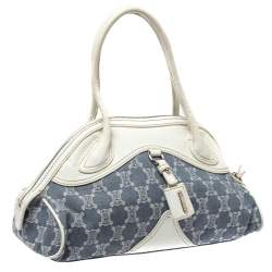 Pre Owned Celine White/Blue Macadam Canvas and Leather Dome Satchel