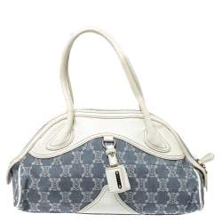 Pre Owned Celine White/Blue Macadam Canvas and Leather Dome Satchel