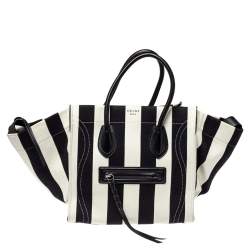 Pre Owned Celine Black/White Striped Canvas and Leather Medium Phantom Luggage Tote