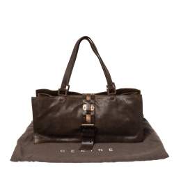 Pre Owned Celine Dark Brown Nubuck Leather Buckle Flap Tote