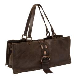 Pre Owned Celine Dark Brown Nubuck Leather Buckle Flap Tote