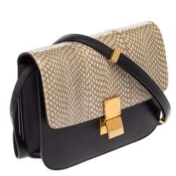 Pre Owned Celine Black/Beige Snakeskin and Leather Medium Classic Box Shoulder Bag