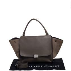 Pre Owned Celine Khaki Beige Leather and Suede Medium Trapeze Top Handle Bag