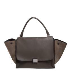 Pre Owned Celine Khaki Beige Leather and Suede Medium Trapeze Top Handle Bag