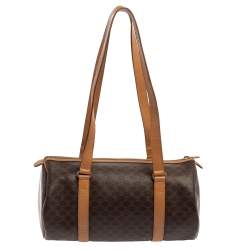 Céline Brown Coated Macadam Canvas And Tan Leather Boston Bag