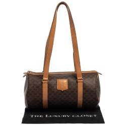 Céline Brown Coated Macadam Canvas And Tan Leather Boston Bag