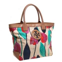 Pre Owned Tory Burch Multicolor Tulip Print Canvas and Leather Sophia Tote