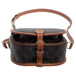 Pre Owned Celine Brown Macadam Coated Canvas and Leather Medium Folco Triomphe Crossbody Bag