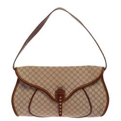 Pre Owned Celine Beige/Brown Macadam Canvas and Leather Studded Shoulder Bag