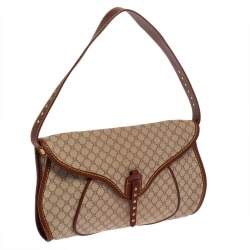 Pre Owned Celine Beige/Brown Macadam Canvas and Leather Studded Shoulder Bag