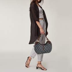 Pre Owned Celine Blue Macadam Denim And Brown Leather Shoulder Bag