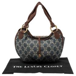 Pre Owned Celine Blue Macadam Denim And Brown Leather Shoulder Bag