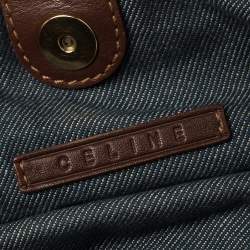Pre Owned Celine Blue Macadam Denim And Brown Leather Shoulder Bag