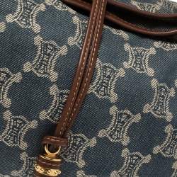 Pre Owned Celine Blue Macadam Denim And Brown Leather Shoulder Bag