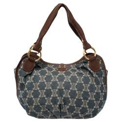 Pre Owned Celine Blue Macadam Denim And Brown Leather Shoulder Bag