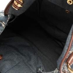 Pre Owned Celine Blue Macadam Denim And Brown Leather Shoulder Bag