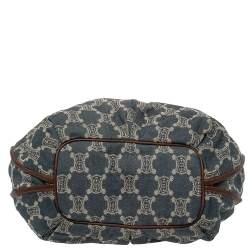 Pre Owned Celine Blue Macadam Denim And Brown Leather Shoulder Bag