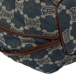 Pre Owned Celine Blue Macadam Denim And Brown Leather Shoulder Bag