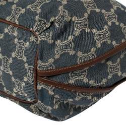 Pre Owned Celine Blue Macadam Denim And Brown Leather Shoulder Bag