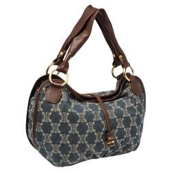 Pre Owned Celine Blue Macadam Denim And Brown Leather Shoulder Bag