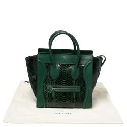 Pre Owned Celine Dark Green Python and Leather Mini Luggage Tote