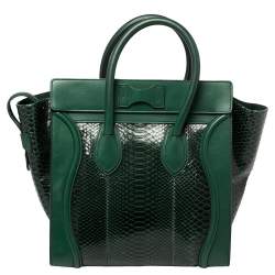 Pre Owned Celine Dark Green Python and Leather Mini Luggage Tote