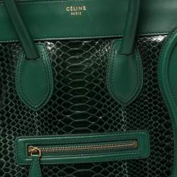 Pre Owned Celine Dark Green Python and Leather Mini Luggage Tote