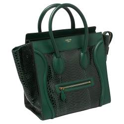 Pre Owned Celine Dark Green Python and Leather Mini Luggage Tote