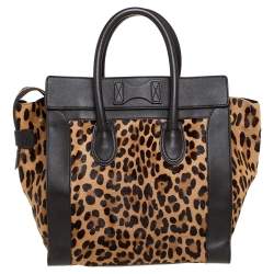 Pre Owned Celine Dark Brown Leopard Print Calf Hair and Leather Envelope Luggage Tote