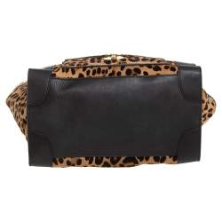 Pre Owned Celine Dark Brown Leopard Print Calf Hair and Leather Envelope Luggage Tote