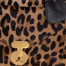 Pre Owned Celine Dark Brown Leopard Print Calf Hair and Leather Envelope Luggage Tote