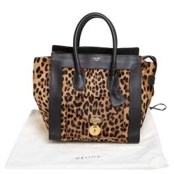 Pre Owned Celine Dark Brown Leopard Print Calf Hair and Leather Envelope Luggage Tote