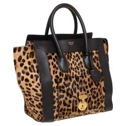 Pre Owned Celine Dark Brown Leopard Print Calf Hair and Leather Envelope Luggage Tote