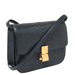 Pre Owned Celine Navy Blue Python Medium Classic Box Shoulder Bag