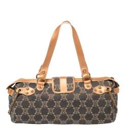 Pre Owned Celine Indigo/Peach Macadam Denim and Leather Double Pocket Satchel