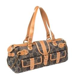 Pre Owned Celine Indigo/Peach Macadam Denim and Leather Double Pocket Satchel