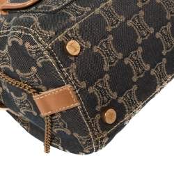 Pre Owned Celine Indigo/Peach Macadam Denim and Leather Double Pocket Satchel