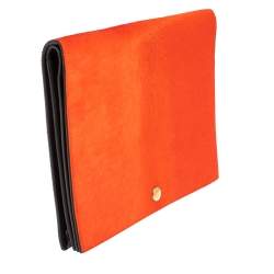 Pre Owned Celine Orange/Black Calfhair and Leather Double Flap Clutch