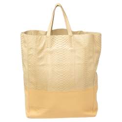 Pre Owned Celine Cream/Yellow Python and Leather Vertical Cabas Tote