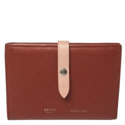 Pre Owned Celine Copper Brown/Pink Grained Leather Multifunction Strap Wallet
